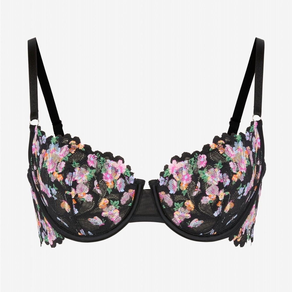 Savage X Fenty Black Lace Underwire Bra with Pastel Floral Embroidery